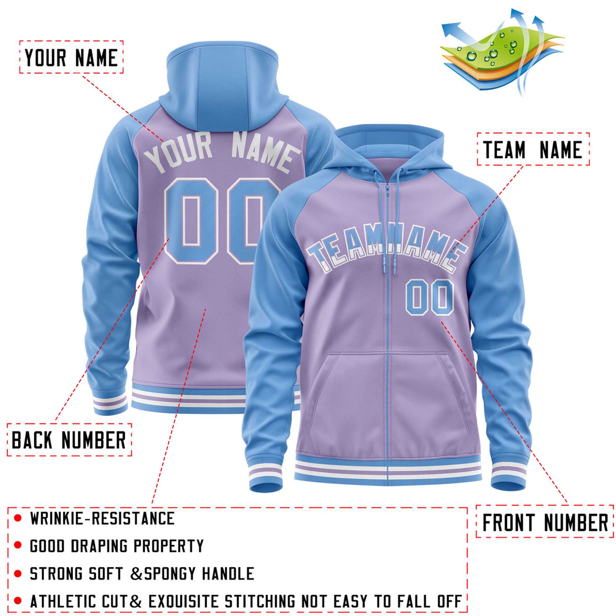 Custom Stitched Light Purple Powder Blue Raglan Sleeves Sports Full-Zip Sweatshirt Hoodie