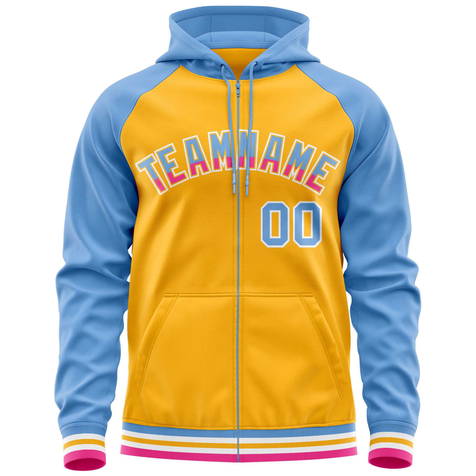 Custom Stitched Yellow Powder Blue Raglan Sleeves Sports Full-Zip Sweatshirt Hoodie