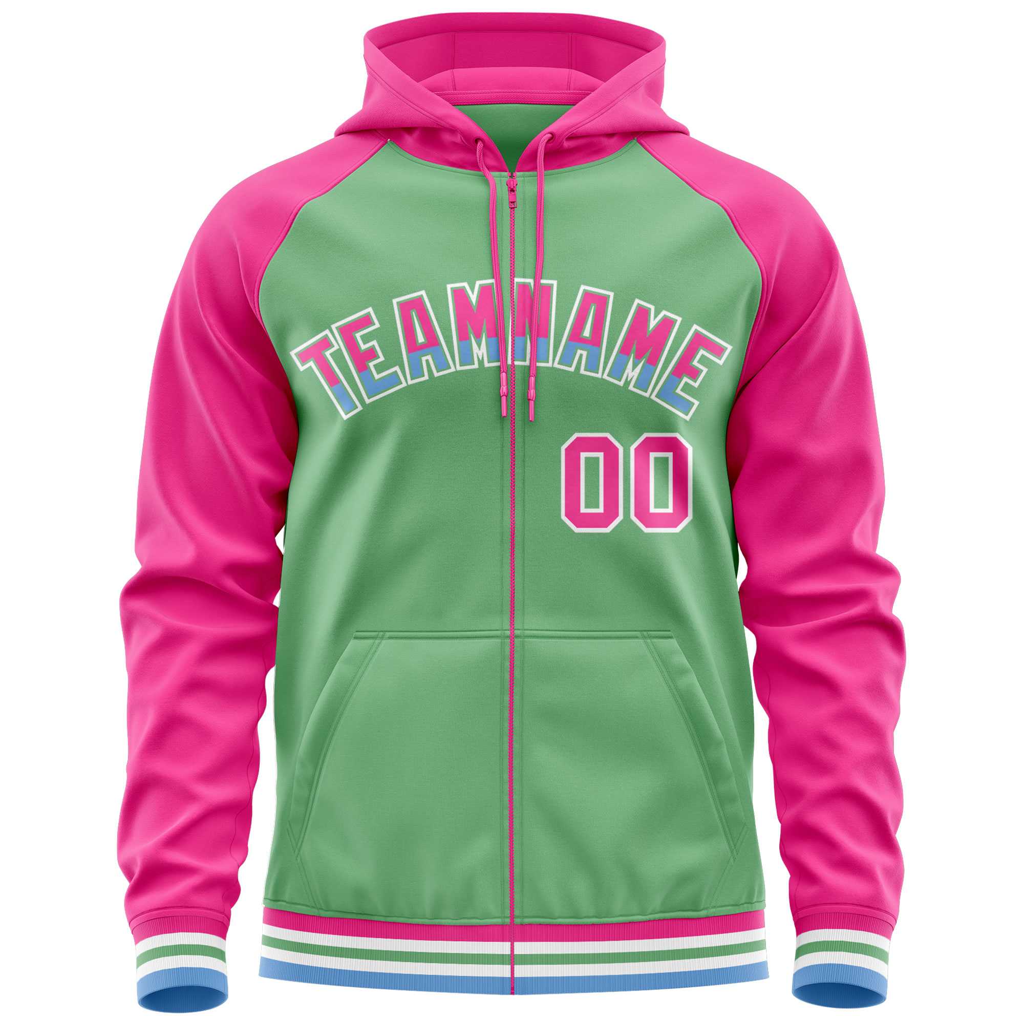 Custom Stitched Green Pink Raglan Sleeves Sports Full-Zip Sweatshirt Hoodie