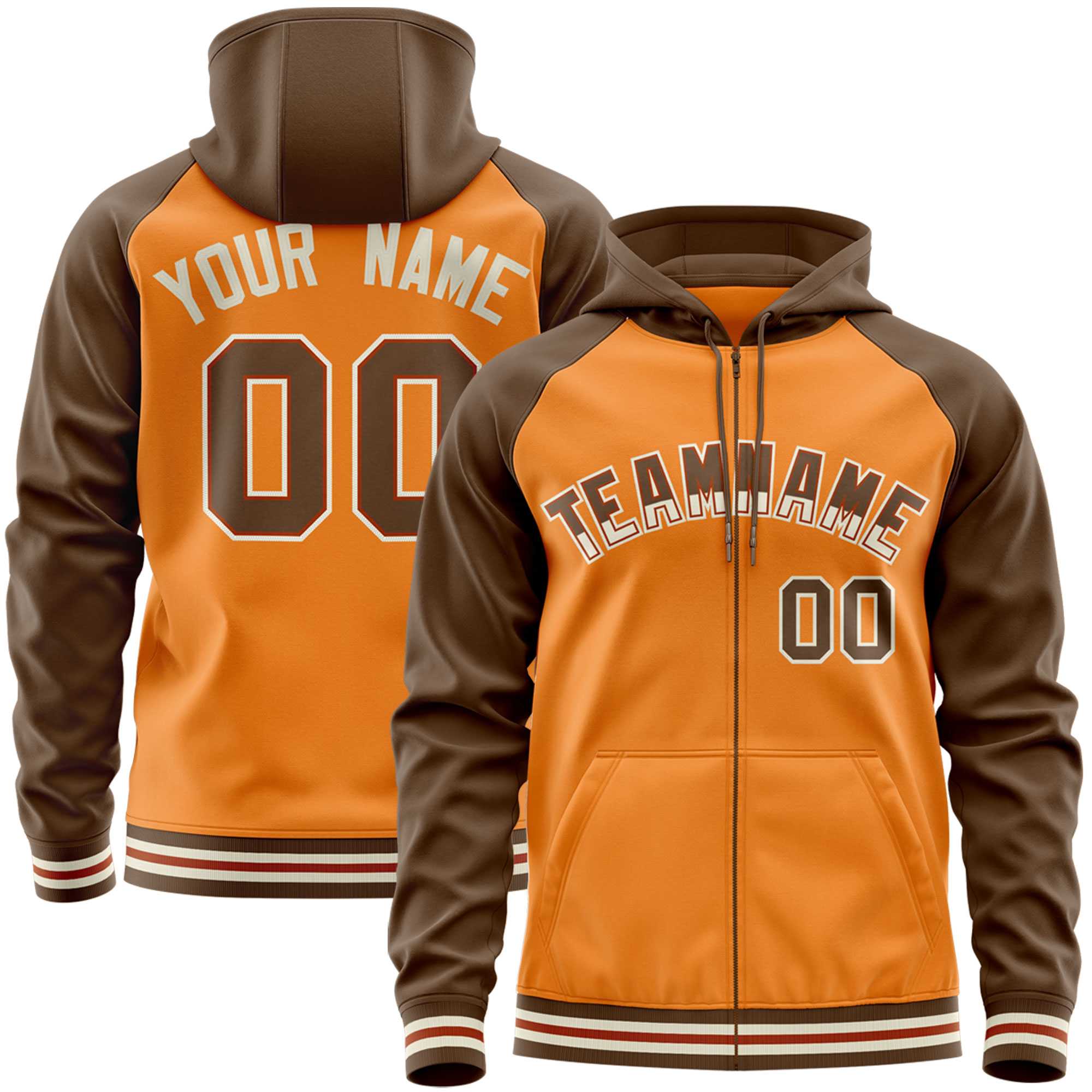 Custom Stitched Light Orange Light Brown Raglan Sleeves Sports Full-Zip Sweatshirt Hoodie