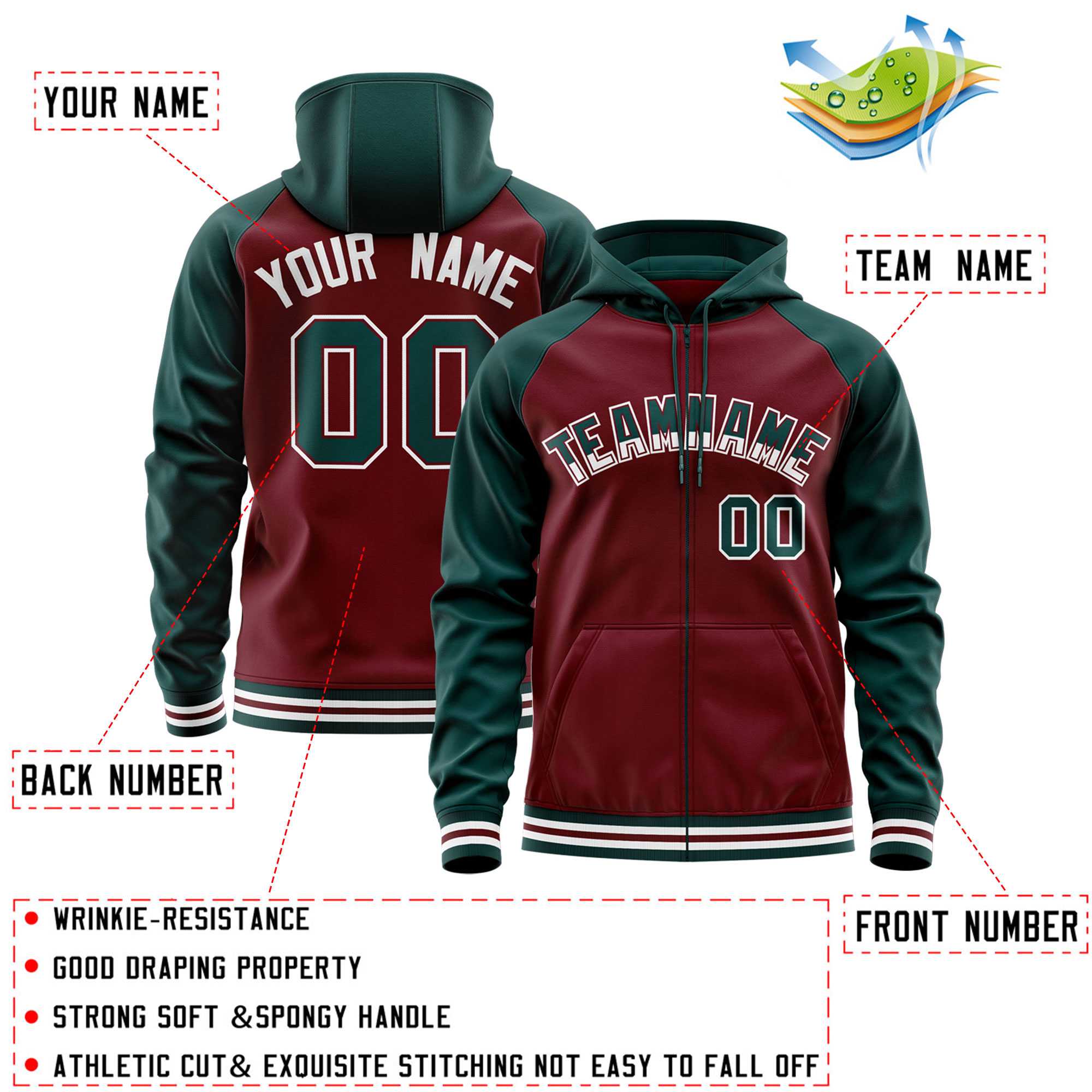 Custom Stitched Crimson Midnight Green Raglan Sleeves Sports Full-Zip Sweatshirt Hoodie