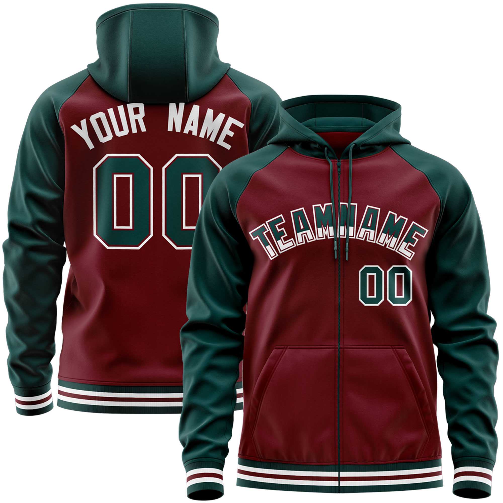 Custom Stitched Crimson Midnight Green Raglan Sleeves Sports Full-Zip Sweatshirt Hoodie