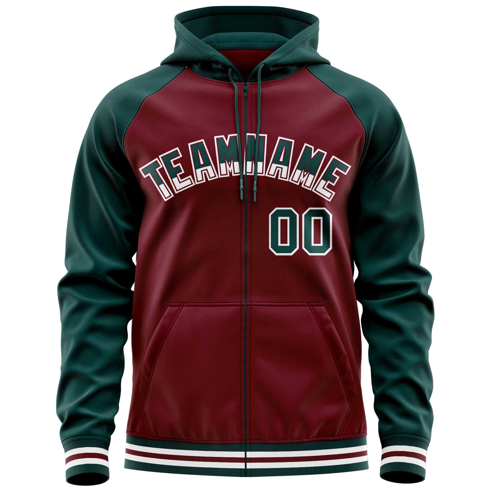 Custom Stitched Crimson Midnight Green Raglan Sleeves Sports Full-Zip Sweatshirt Hoodie