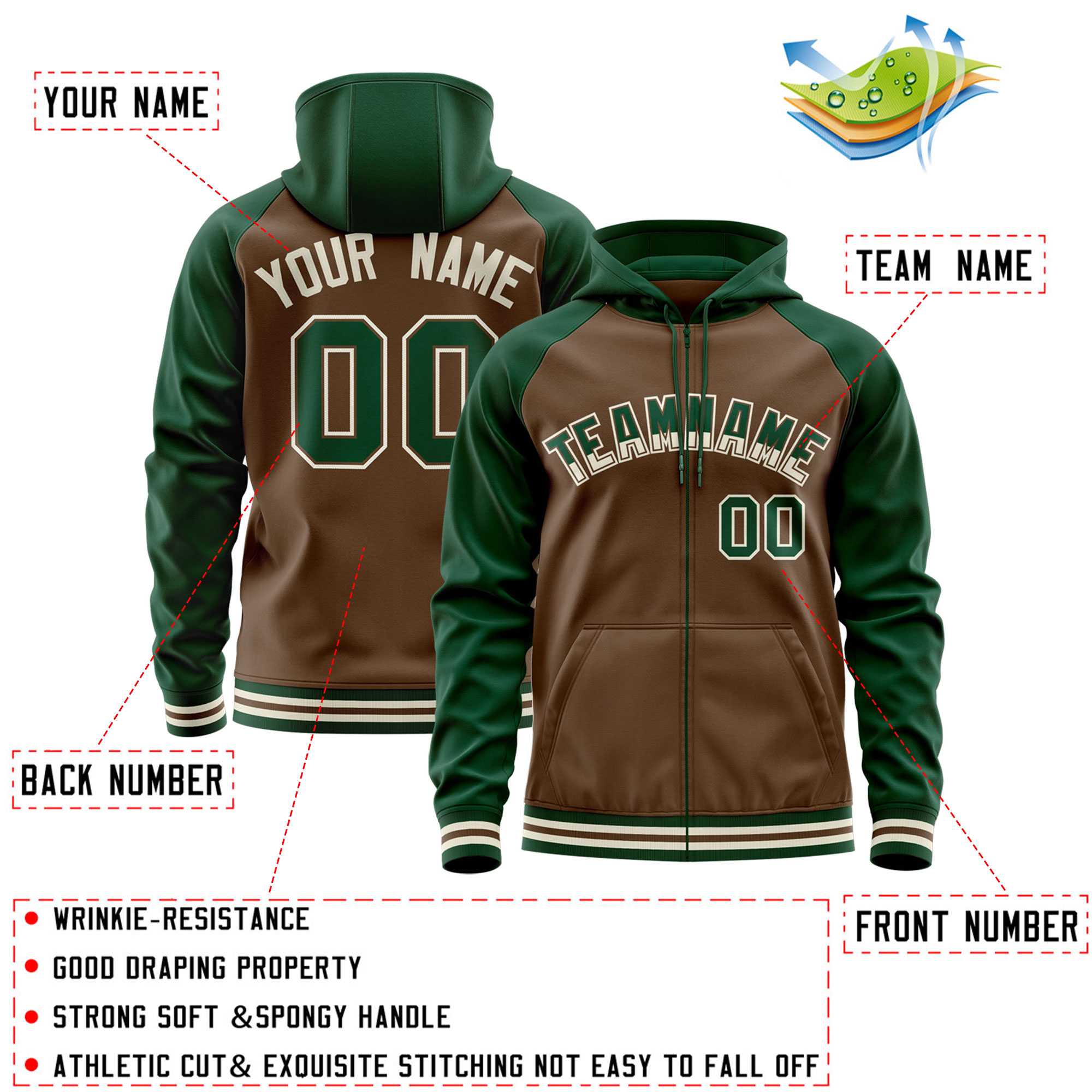 Custom Stitched Light Brown Green Raglan Sleeves Sports Full-Zip Sweatshirt Hoodie