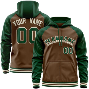 Custom Stitched Light Brown Green Raglan Sleeves Sports Full-Zip Sweatshirt Hoodie