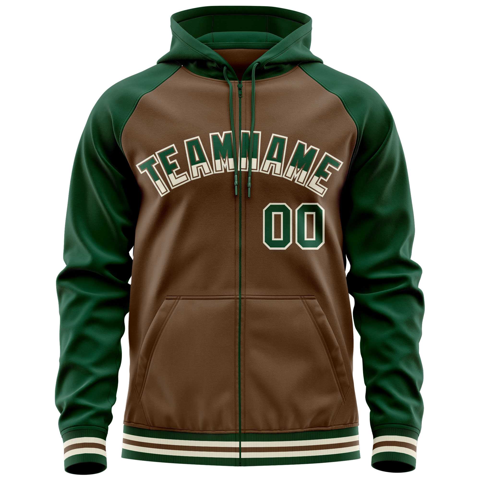 Custom Stitched Light Brown Green Raglan Sleeves Sports Full-Zip Sweatshirt Hoodie