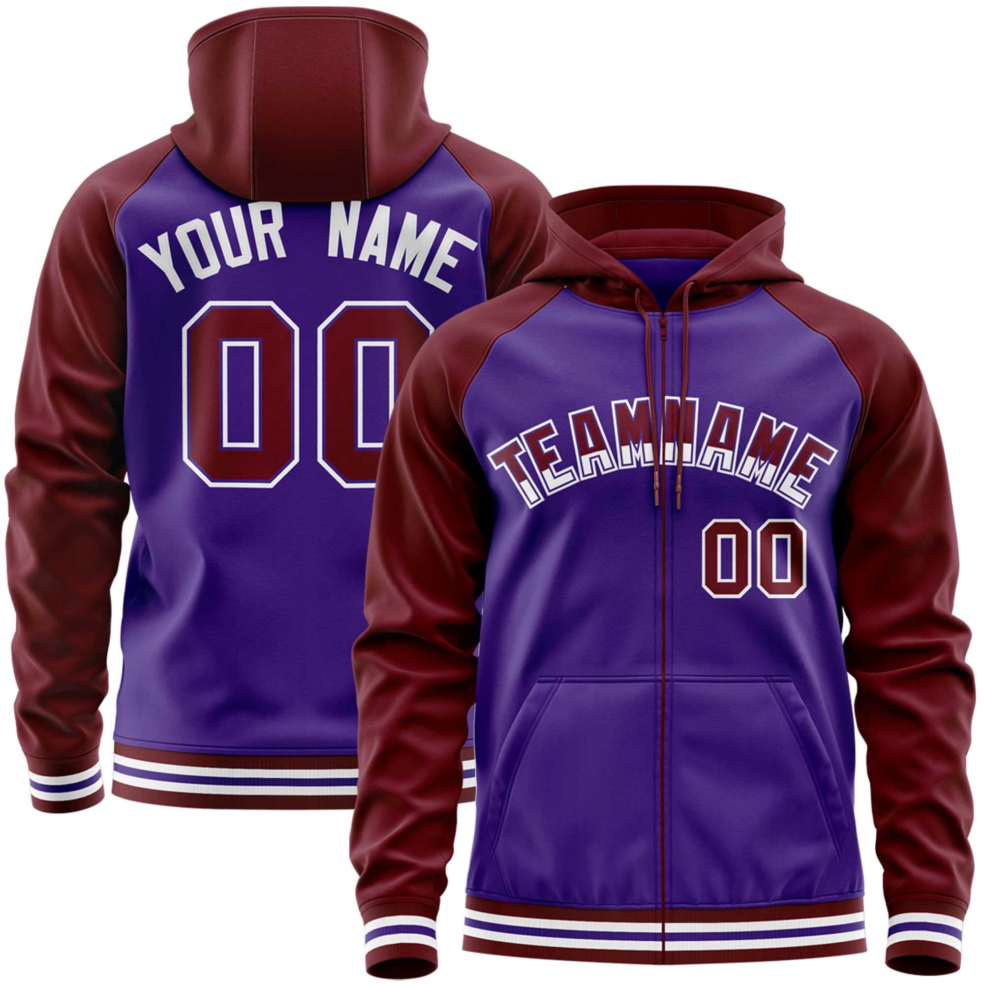 Custom Stitched Purple Crimson Raglan Sleeves Sports Full-Zip Sweatshirt Hoodie