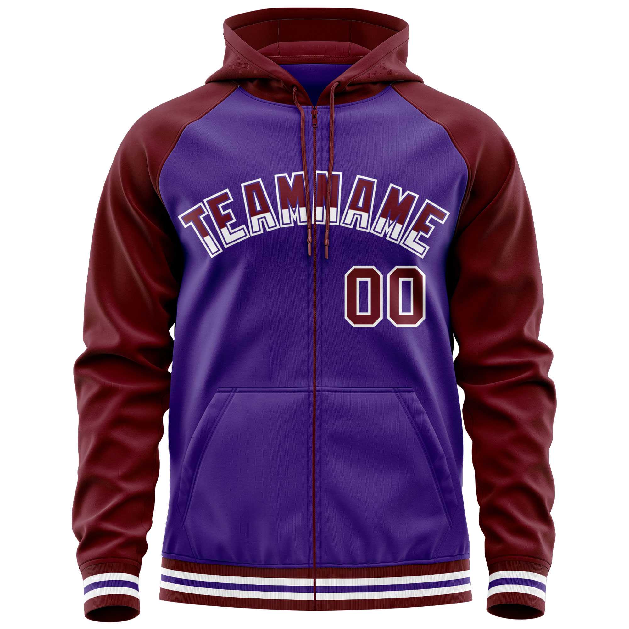 Custom Stitched Purple Crimson Raglan Sleeves Sports Full-Zip Sweatshirt Hoodie