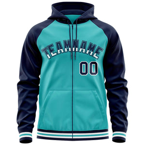 Custom Stitched Aqua Navy Raglan Sleeves Sports Full-Zip Sweatshirt Hoodie