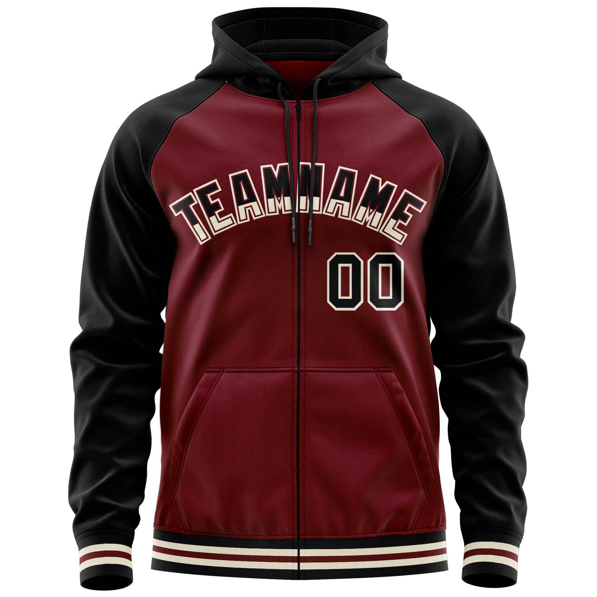 Custom Stitched Crimson Black Raglan Sleeves Sports Full-Zip Sweatshirt Hoodie