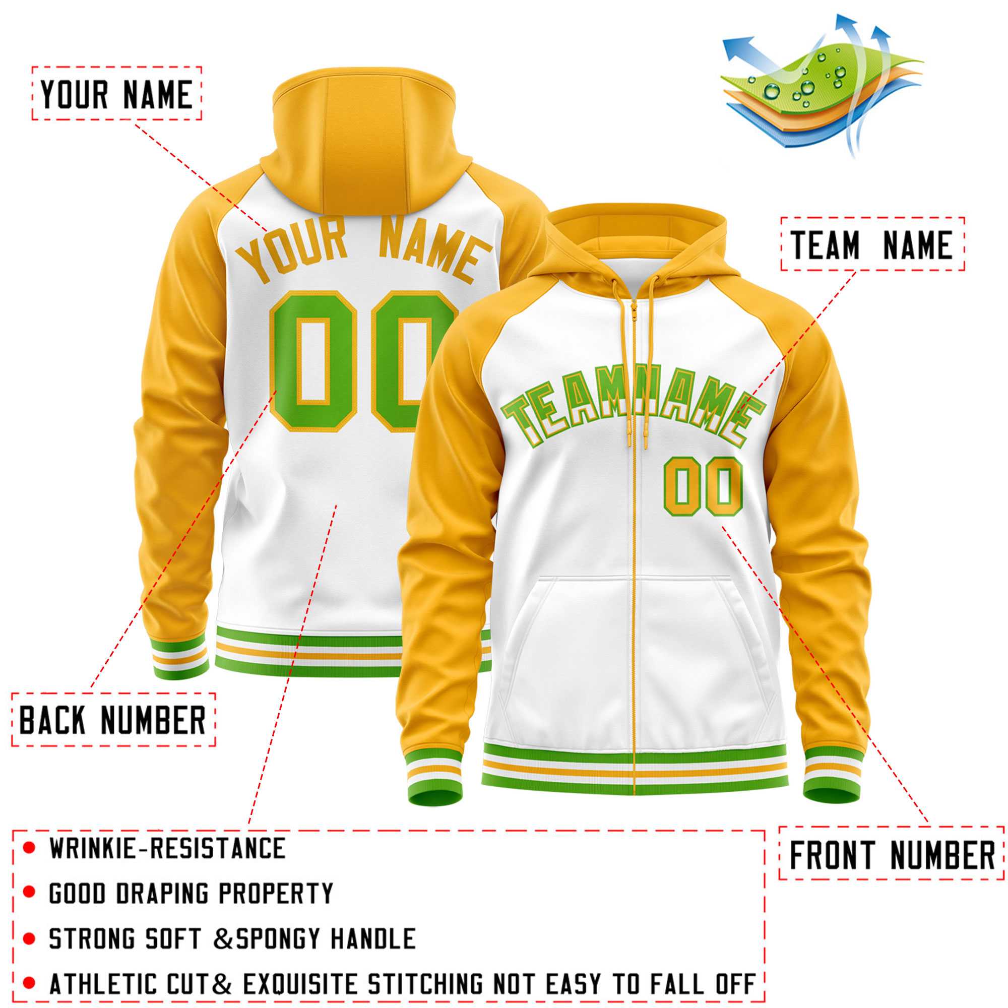 Custom Stitched White Yellow Raglan Sleeves Sports Full-Zip Sweatshirt Hoodie