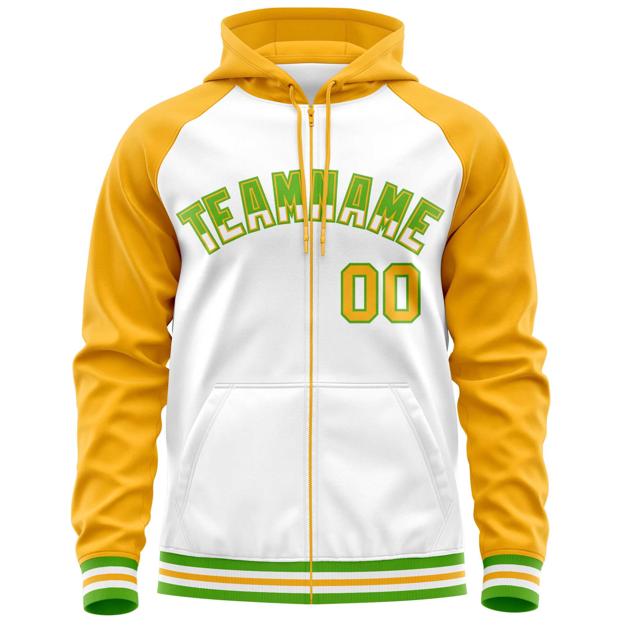 Custom Stitched White Yellow Raglan Sleeves Sports Full-Zip Sweatshirt Hoodie