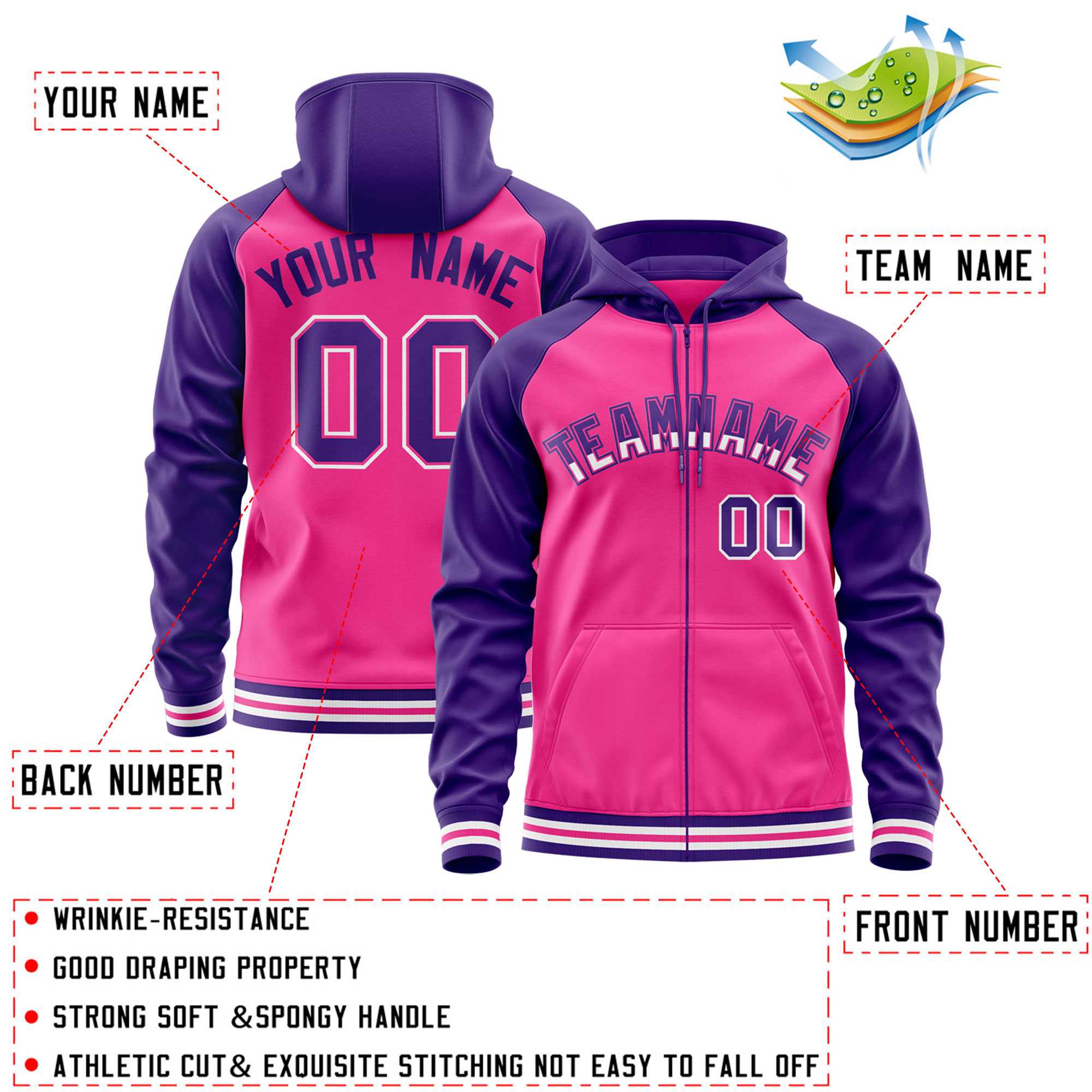 Custom Stitched Pink Purple Raglan Sleeves Sports Full-Zip Sweatshirt Hoodie