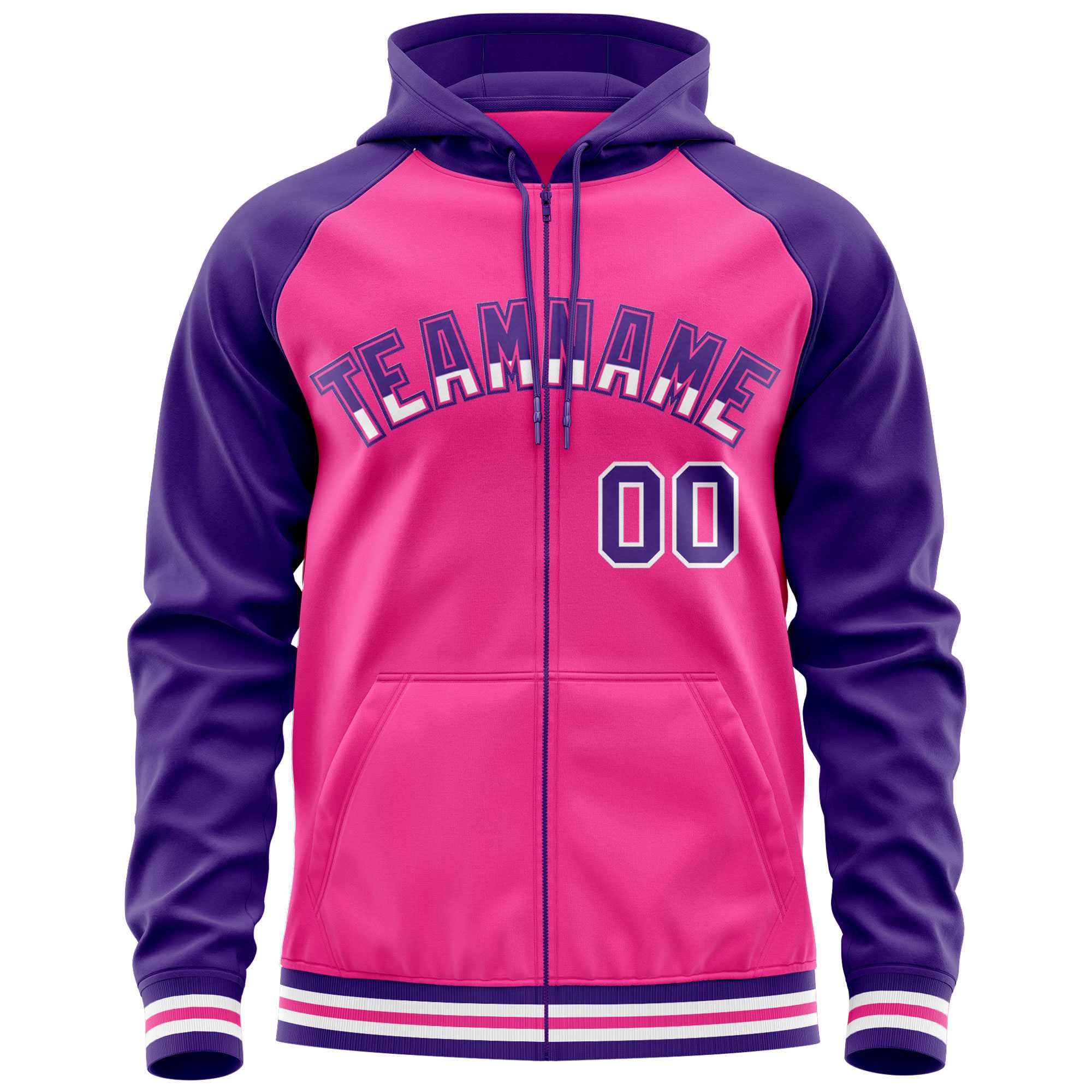 Custom Stitched Pink Purple Raglan Sleeves Sports Full-Zip Sweatshirt Hoodie