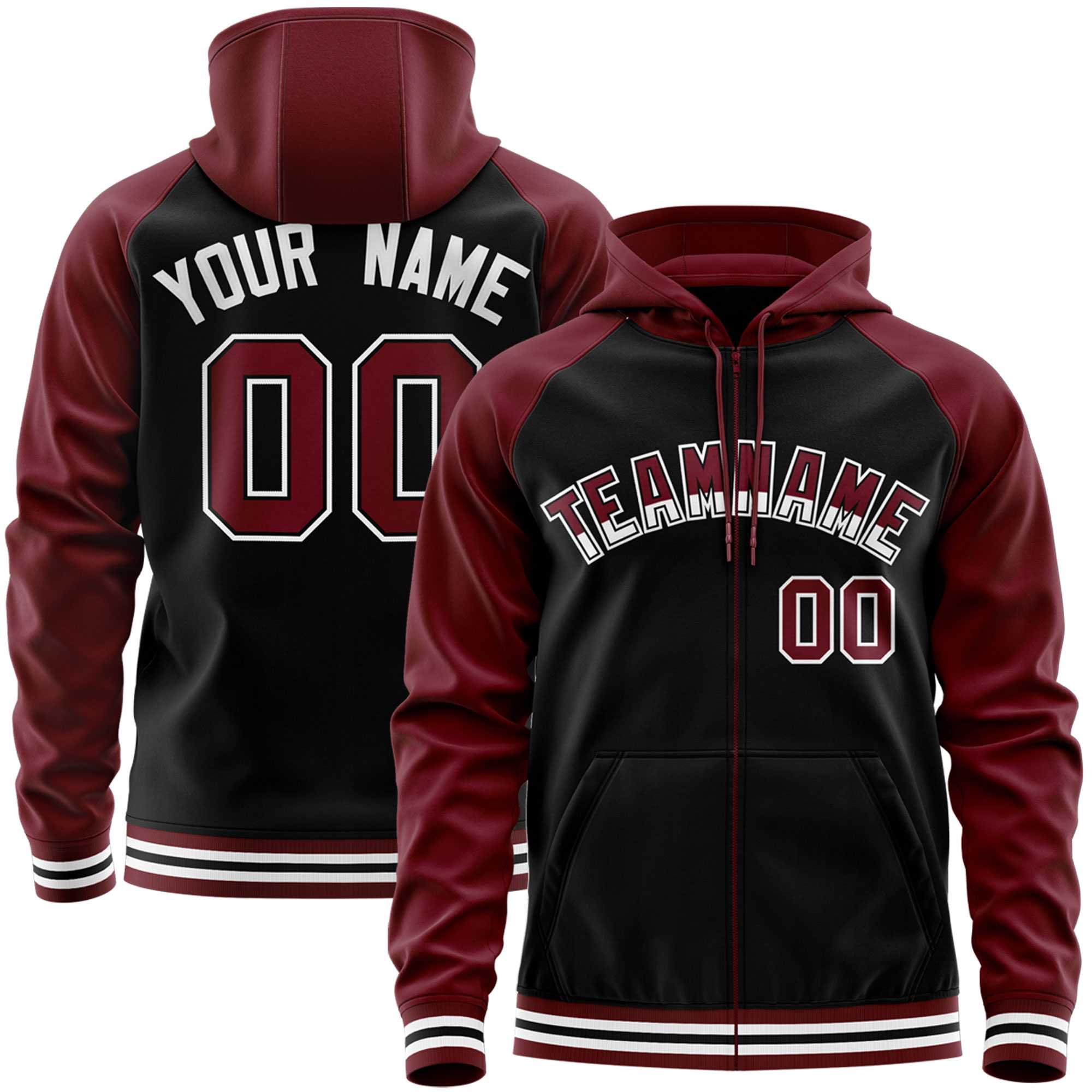 Custom Stitched Black Crimson Raglan Sleeves Sports Full-Zip Sweatshirt Hoodie