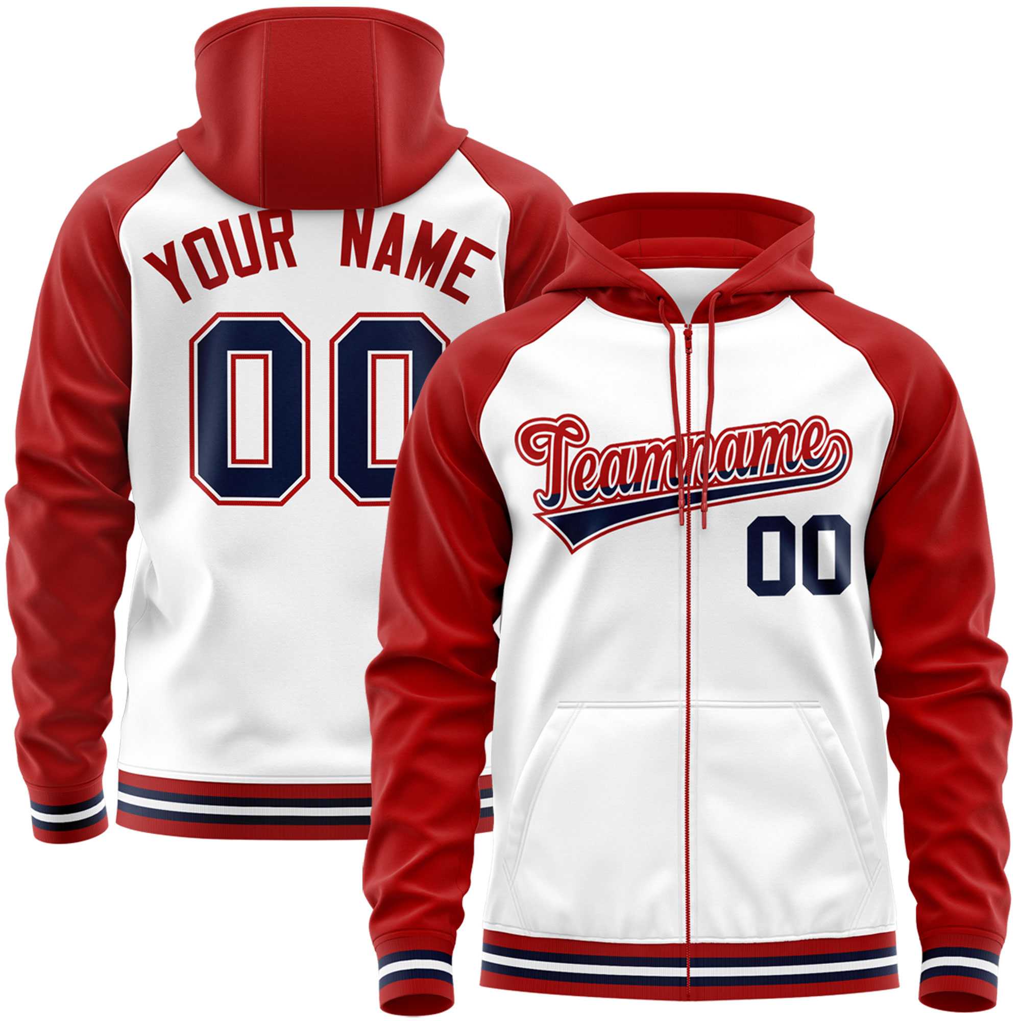 Custom Stitched White Red Raglan Sleeves Sports Full-Zip Sweatshirt Hoodie