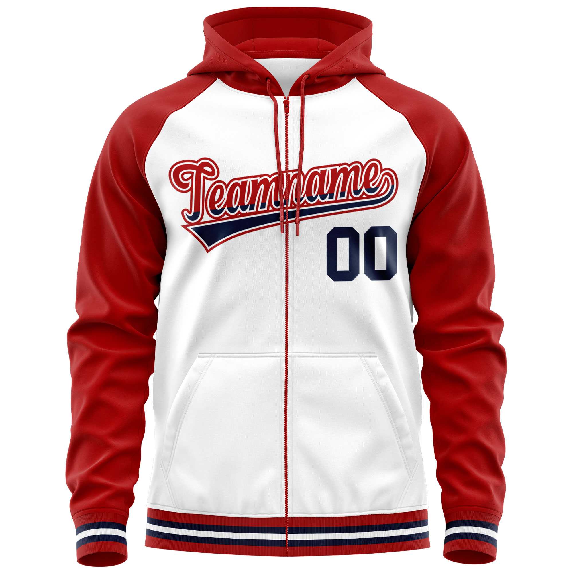 Custom Stitched White Red Raglan Sleeves Sports Full-Zip Sweatshirt Hoodie