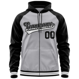 Custom Stitched Gray Black Raglan Sleeves Sports Full-Zip Sweatshirt Hoodie