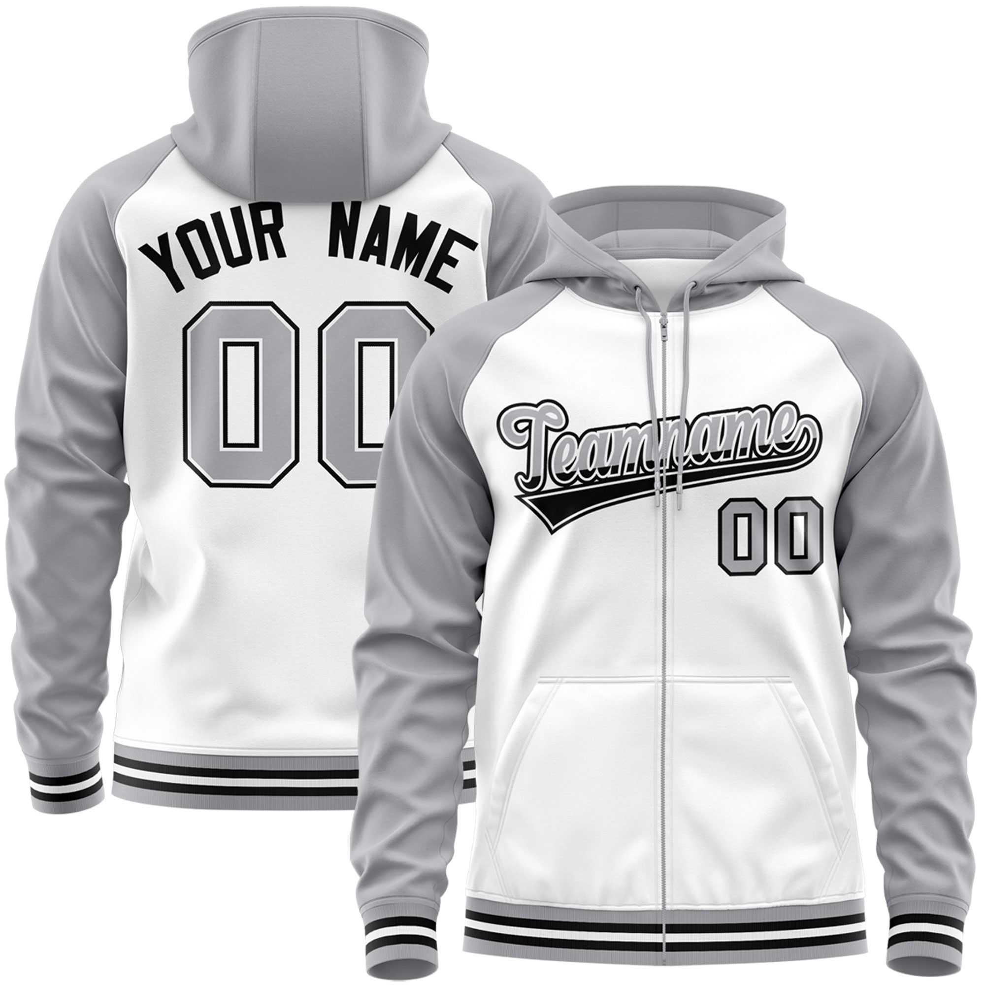 Custom Stitched White Light Gray Raglan Sleeves Sports Full-Zip Sweatshirt Hoodie