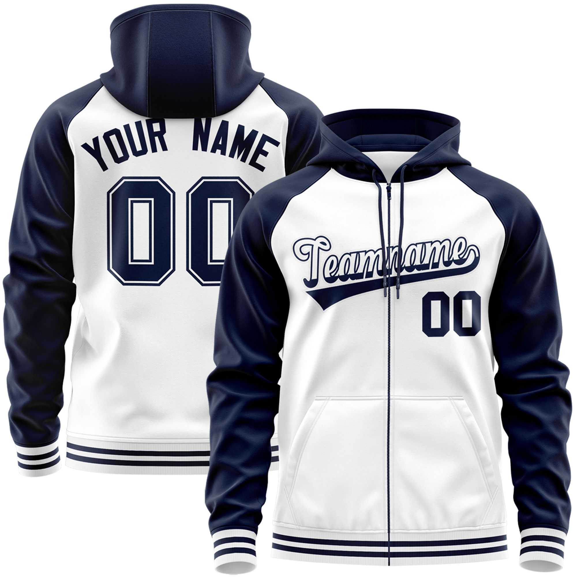 Custom Stitched White Navy Raglan Sleeves Sports Full-Zip Sweatshirt Hoodie