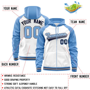 Custom Stitched White Powder Blue Raglan Sleeves Sports Full-Zip Sweatshirt Hoodie