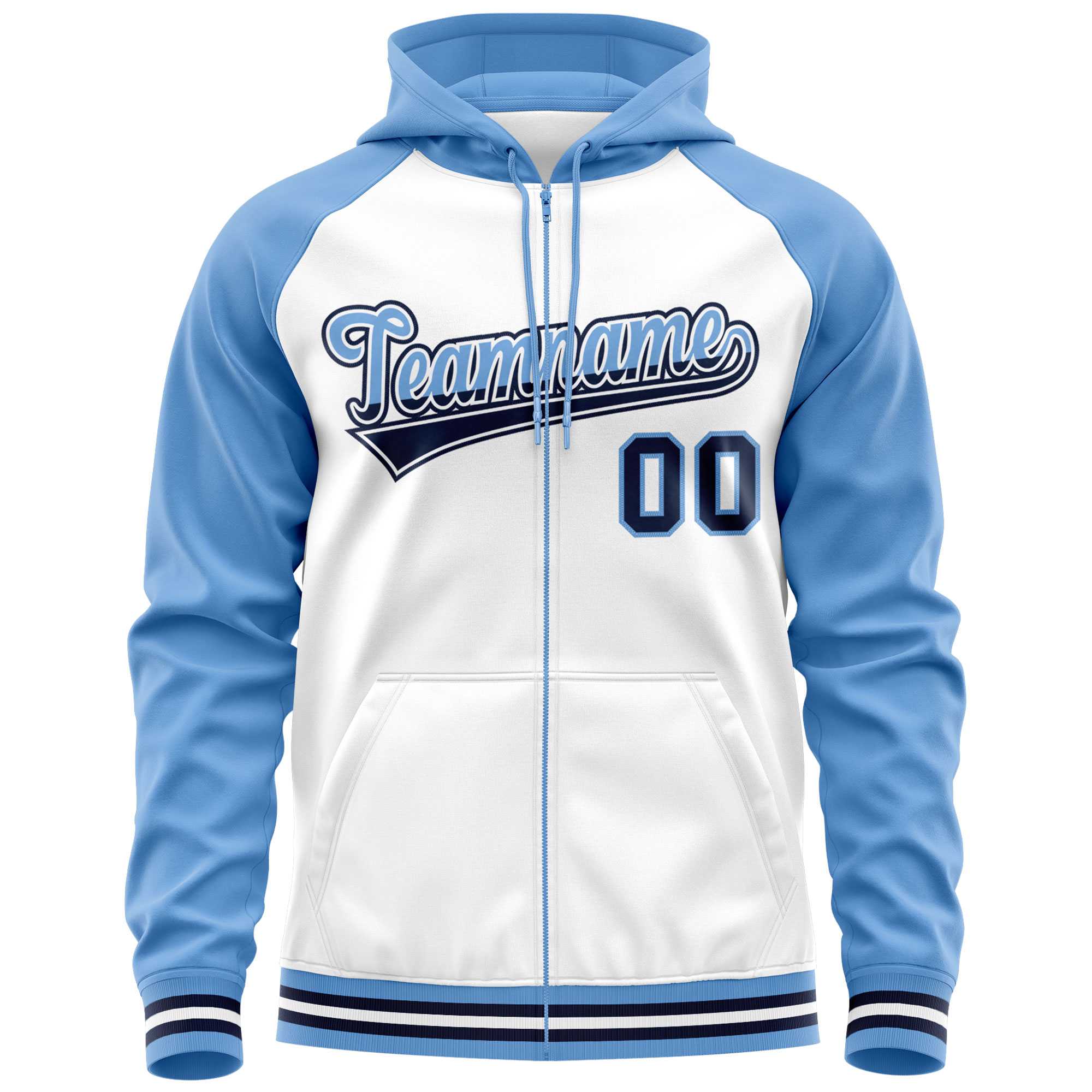 Custom Stitched White Powder Blue Raglan Sleeves Sports Full-Zip Sweatshirt Hoodie