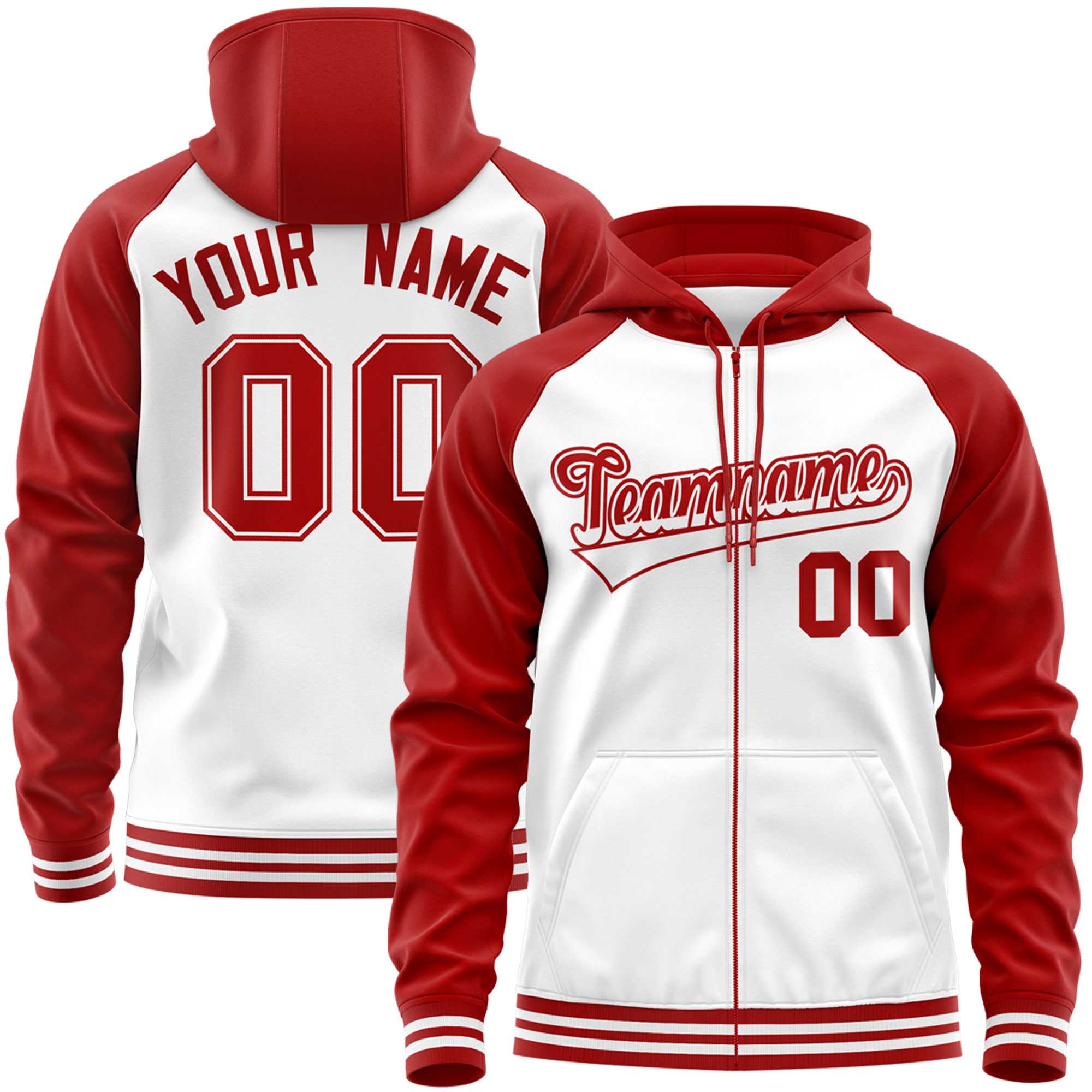 Custom Stitched White Red Raglan Sleeves Sports Full-Zip Sweatshirt Hoodie