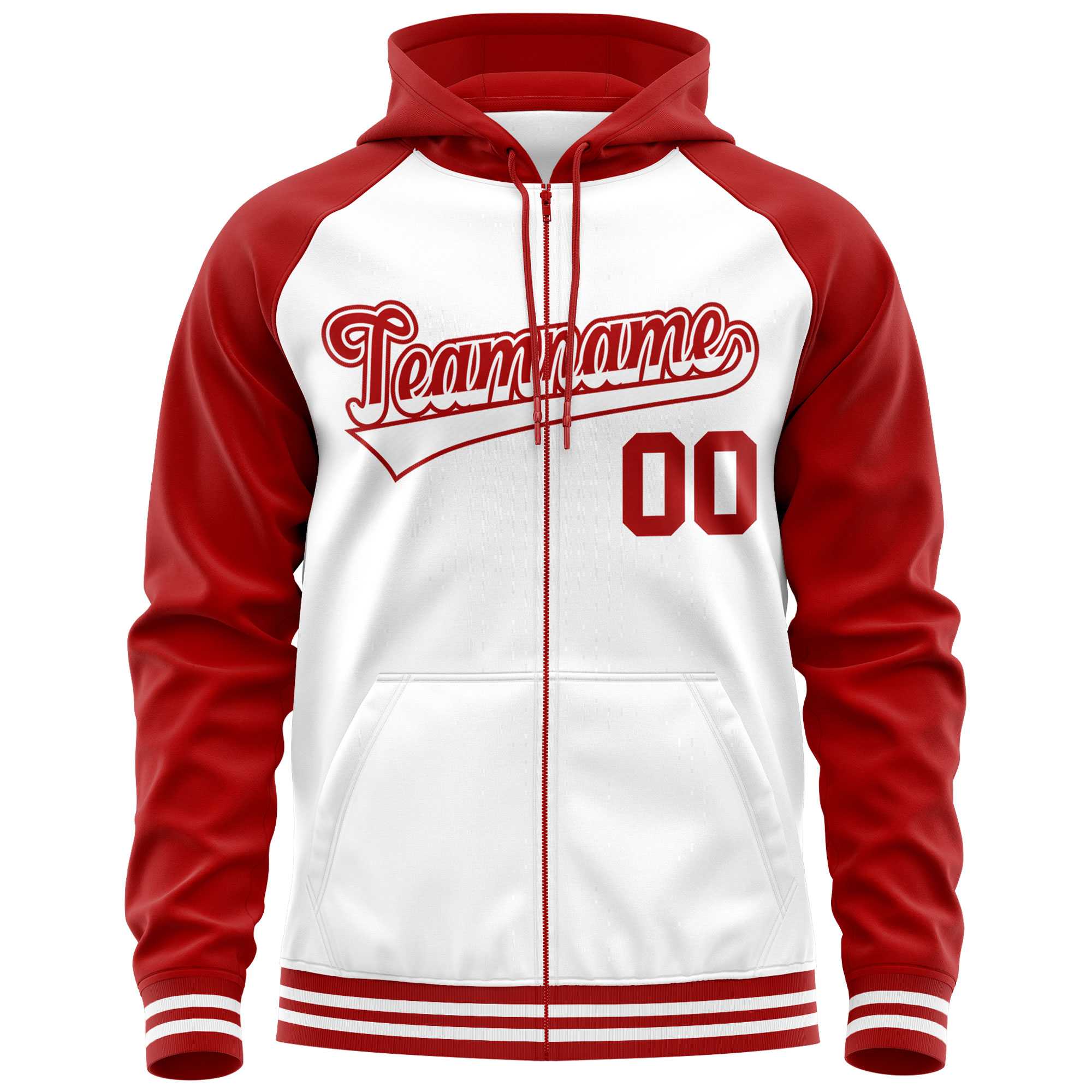 Custom Stitched White Red Raglan Sleeves Sports Full-Zip Sweatshirt Hoodie