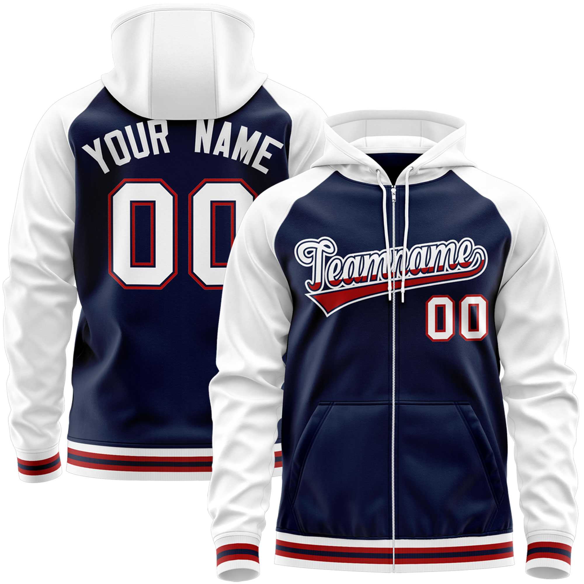 Custom Stitched Navy White Raglan Sleeves Sports Full-Zip Sweatshirt Hoodie