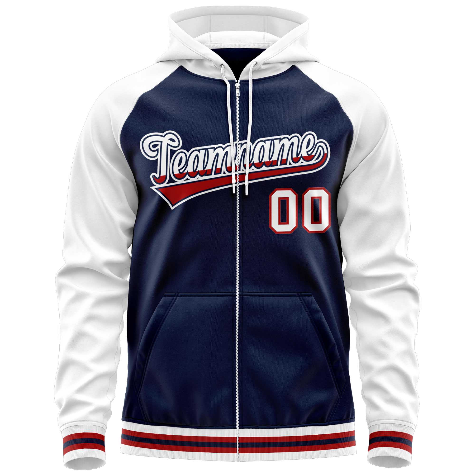 Custom Stitched Navy White Raglan Sleeves Sports Full-Zip Sweatshirt Hoodie