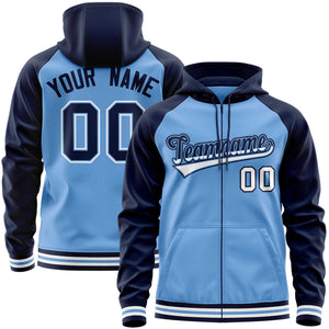 Custom Stitched Powder Blue Navy Raglan Sleeves Sports Full-Zip Sweatshirt Hoodie