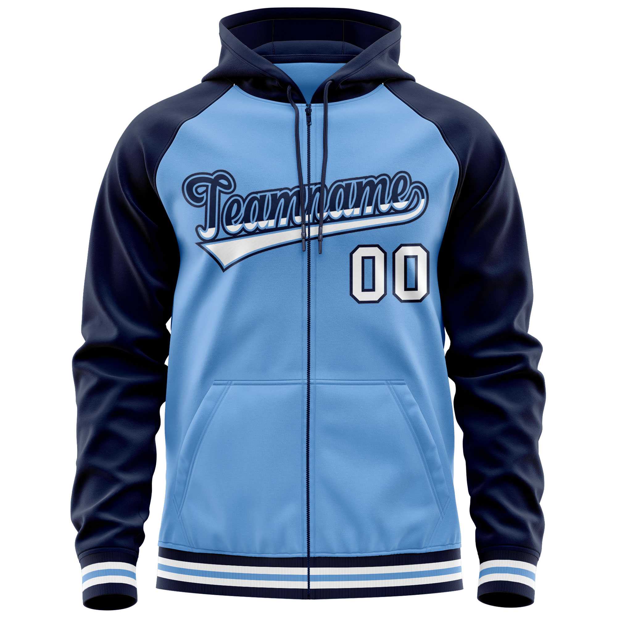 Custom Stitched Powder Blue Navy Raglan Sleeves Sports Full-Zip Sweatshirt Hoodie