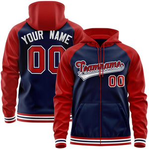 Custom Stitched Navy Red Raglan Sleeves Sports Full-Zip Sweatshirt Hoodie