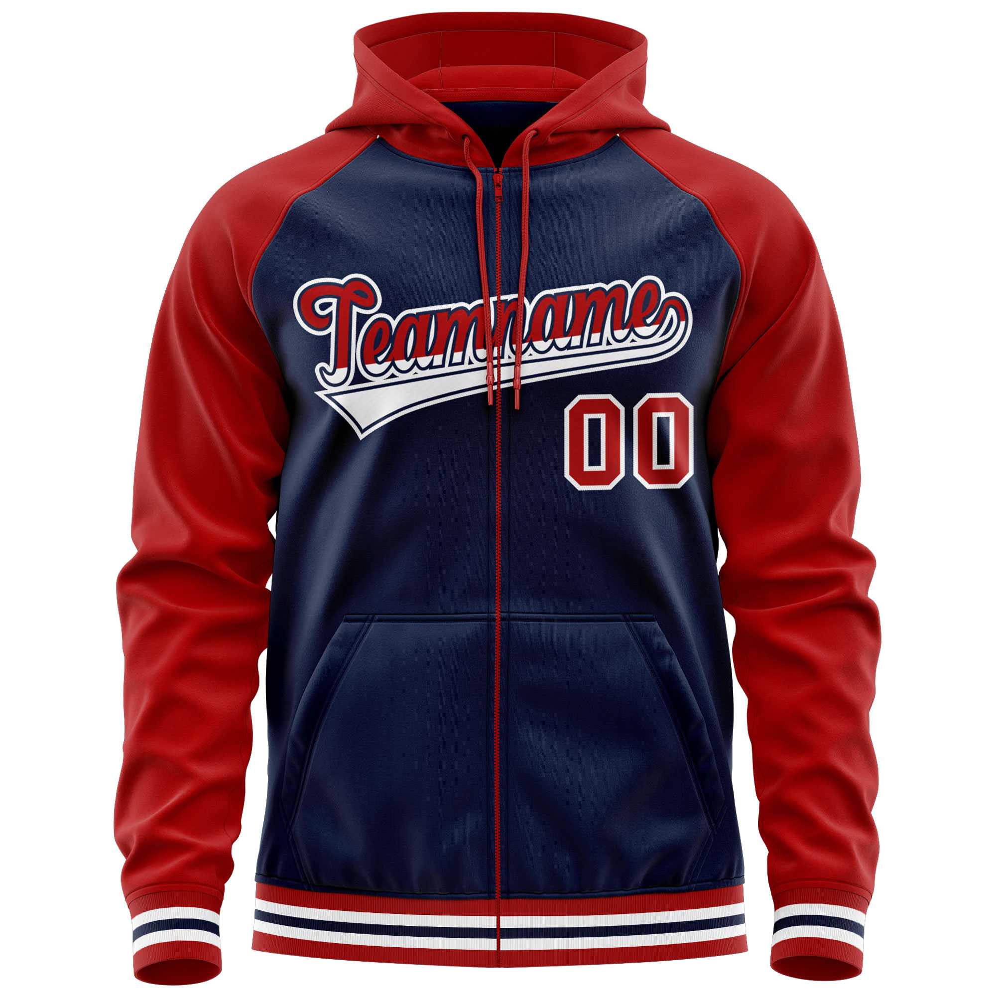 Custom Stitched Navy Red Raglan Sleeves Sports Full-Zip Sweatshirt Hoodie