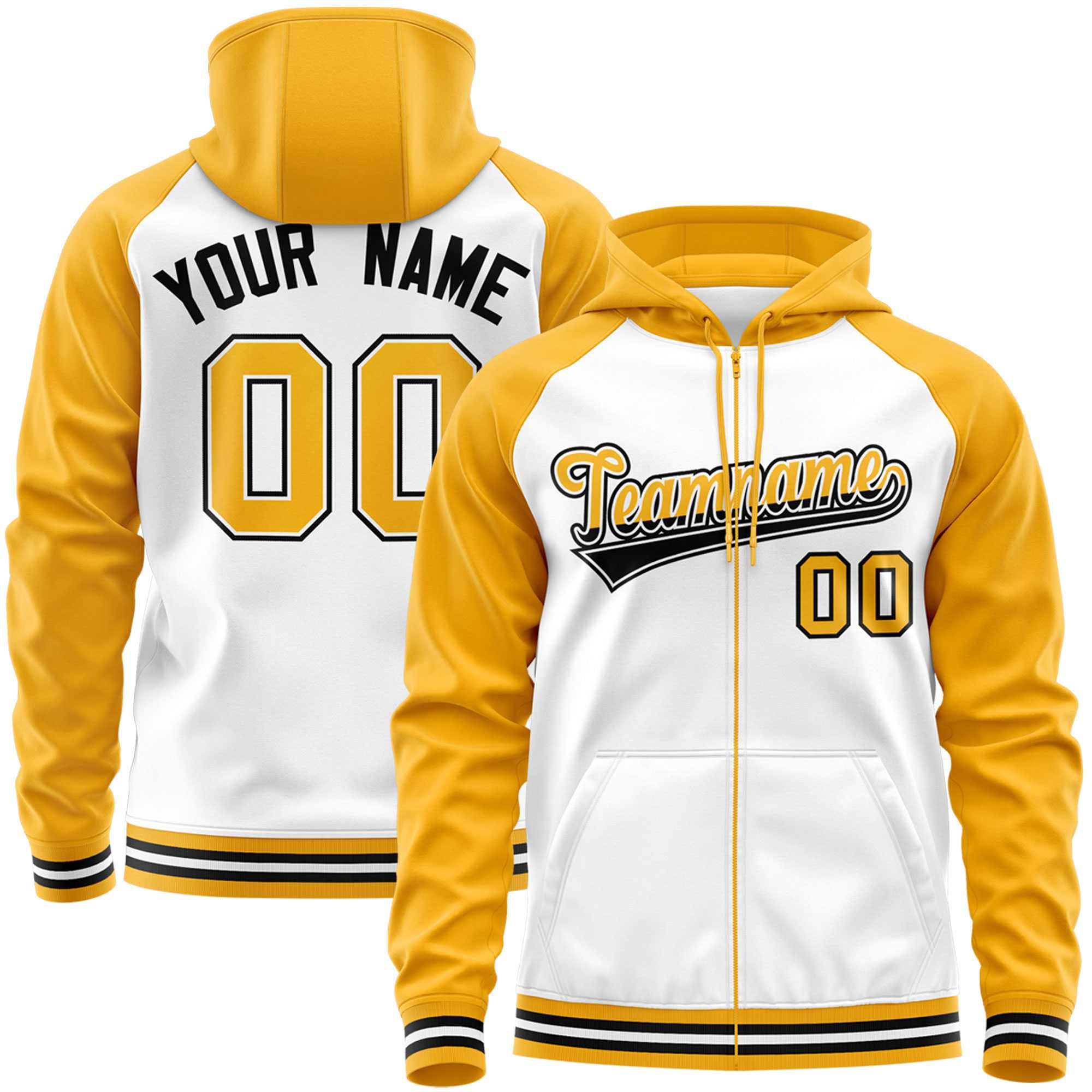 Custom Stitched White Yellow Raglan Sleeves Sports Full-Zip Sweatshirt Hoodie