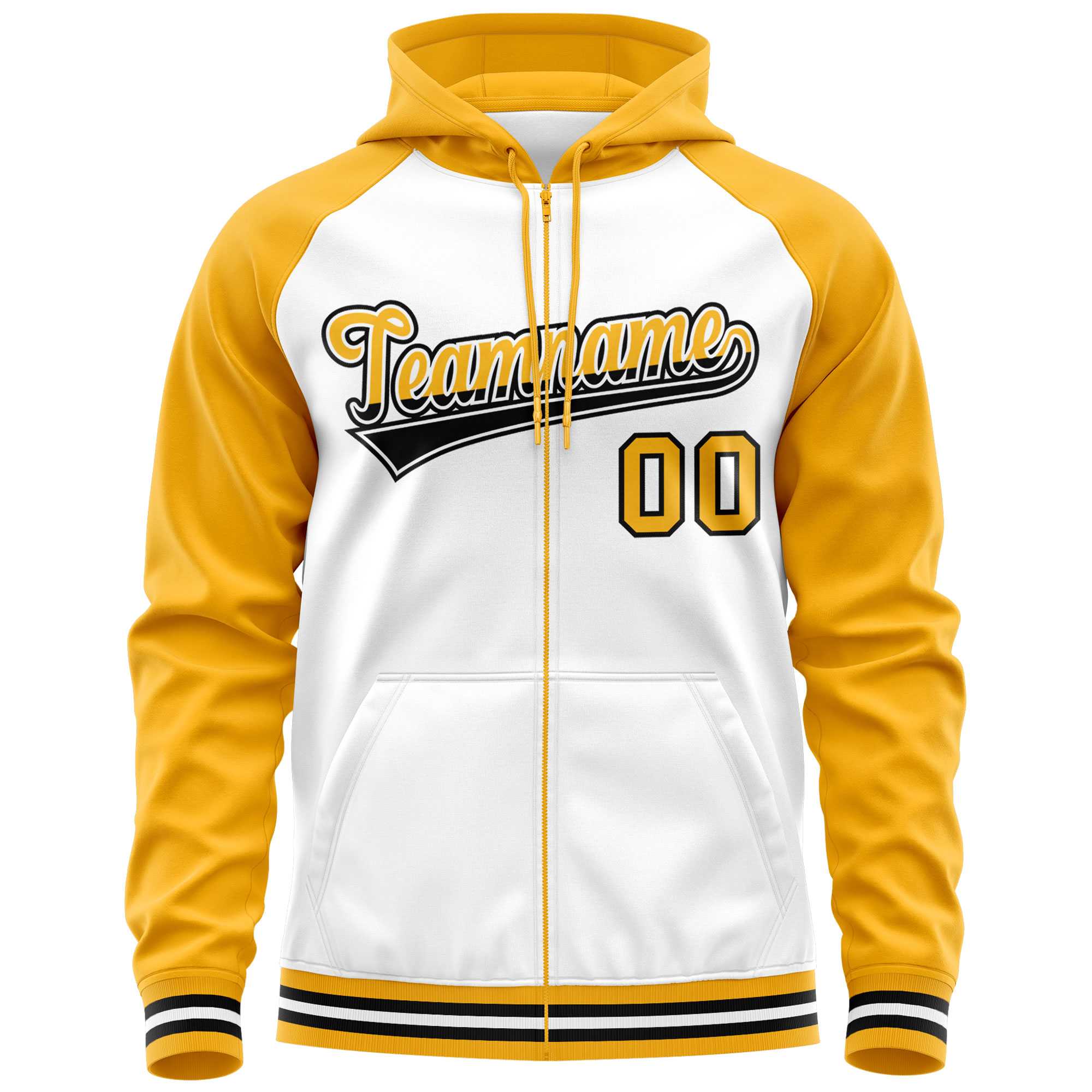 Custom Stitched White Yellow Raglan Sleeves Sports Full-Zip Sweatshirt Hoodie