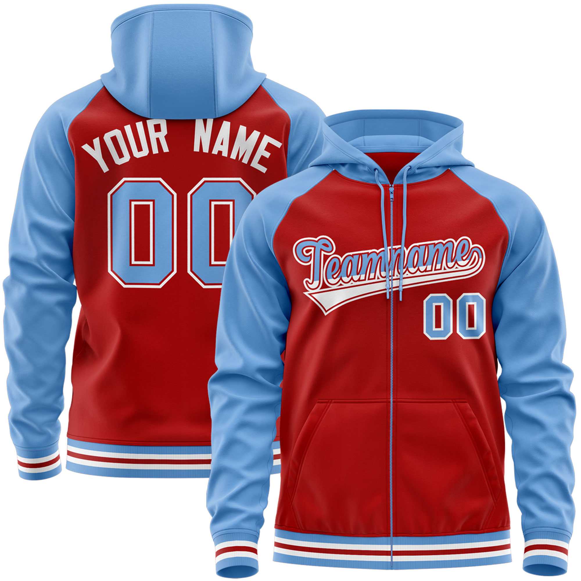 Custom Stitched Red Powder Blue Raglan Sleeves Sports Full-Zip Sweatshirt Hoodie