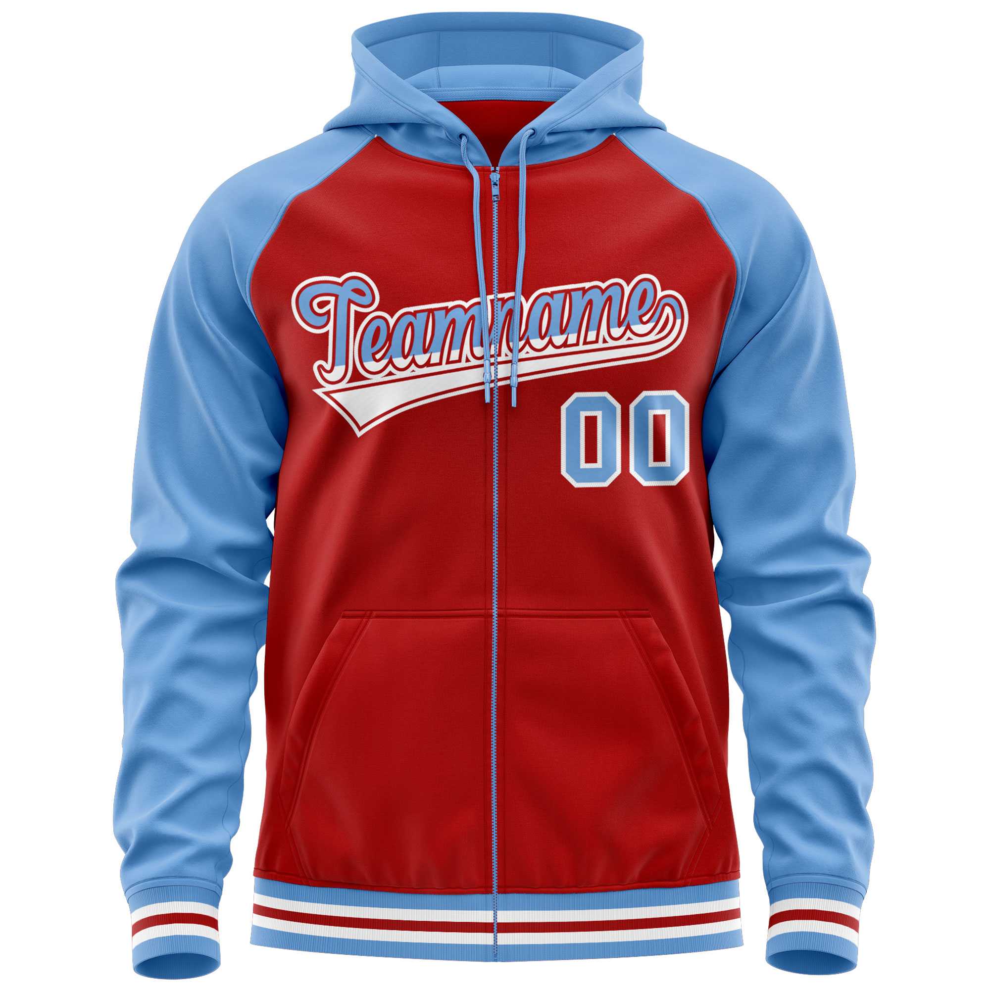 Custom Stitched Red Powder Blue Raglan Sleeves Sports Full-Zip Sweatshirt Hoodie