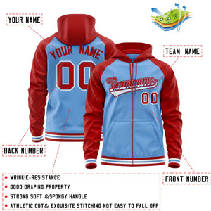 Custom Stitched Powder Blue Red Raglan Sleeves Sports Full-Zip Sweatshirt Hoodie