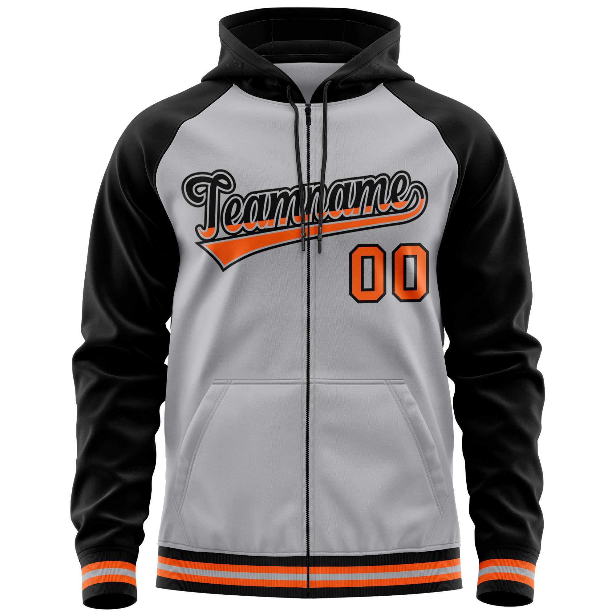 Custom Stitched Gray Black Raglan Sleeves Sports Full-Zip Sweatshirt Hoodie