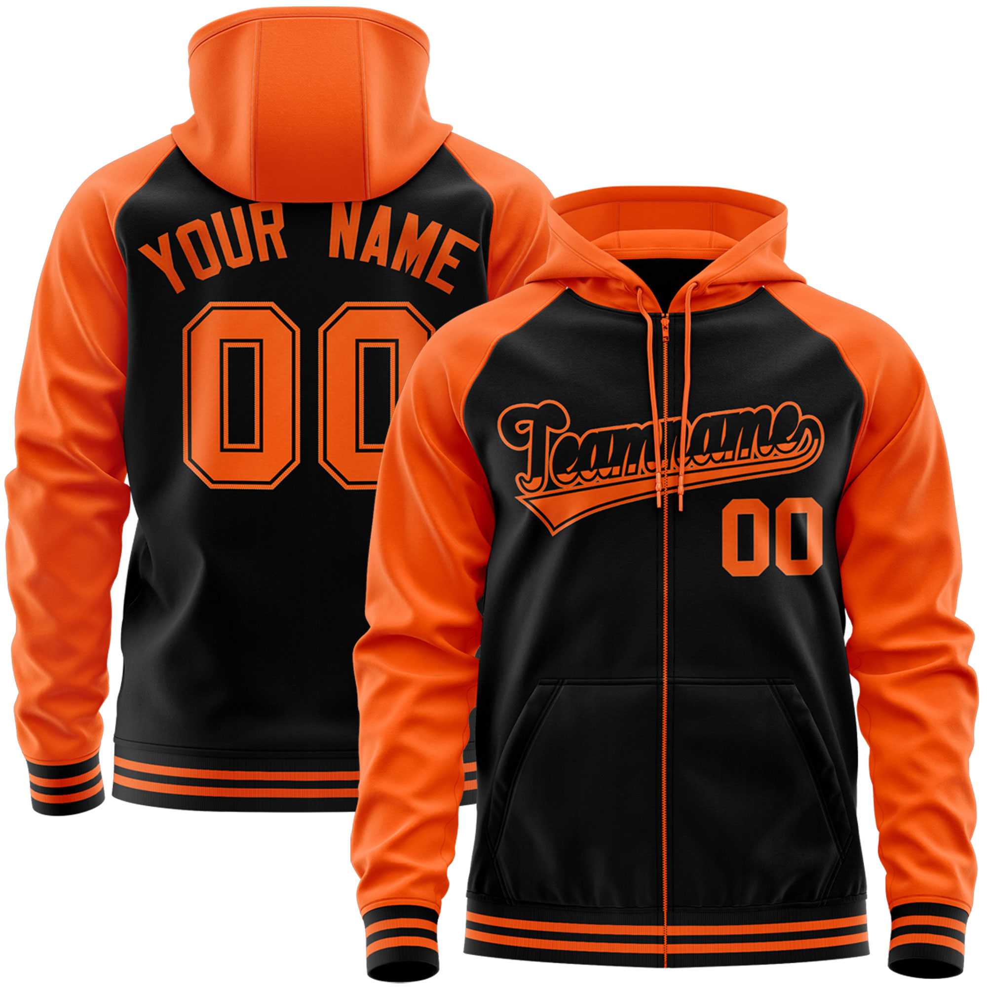 Custom Stitched Black Orange Raglan Sleeves Sports Full-Zip Sweatshirt Hoodie