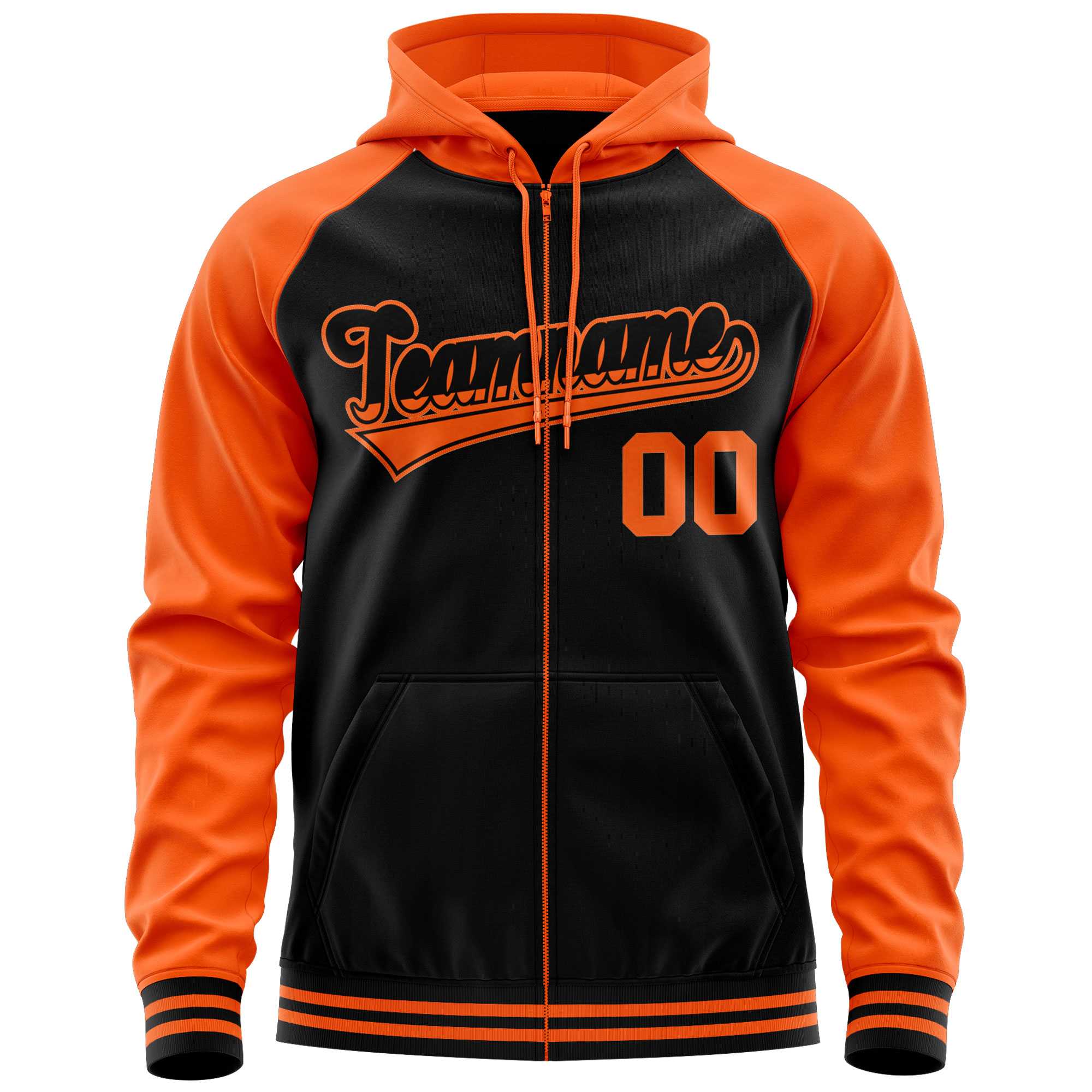 Custom Stitched Black Orange Raglan Sleeves Sports Full-Zip Sweatshirt Hoodie