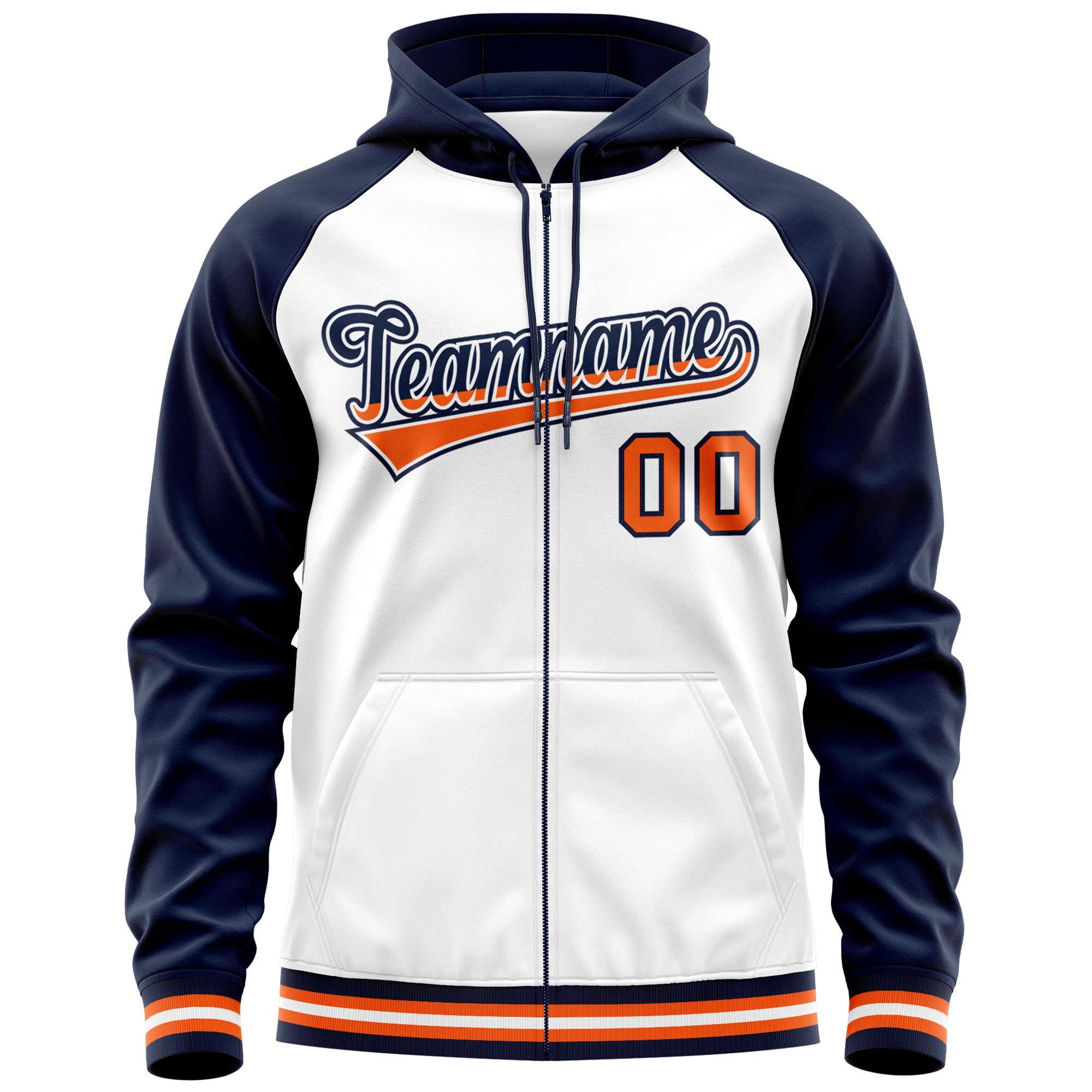 Custom Stitched White Navy Raglan Sleeves Sports Full-Zip Sweatshirt Hoodie