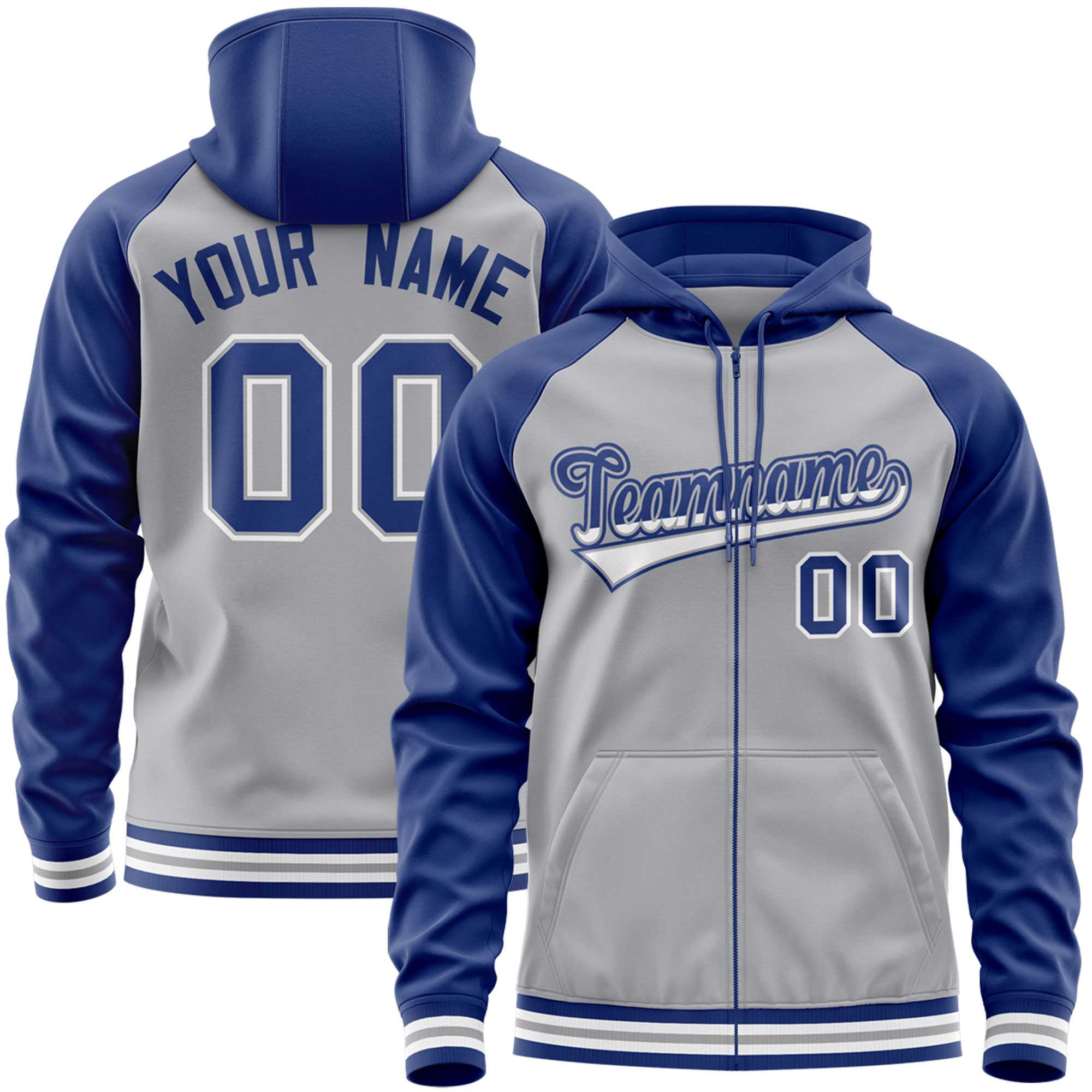 Custom Stitched Gray Royal Raglan Sleeves Sports Full-Zip Sweatshirt Hoodie