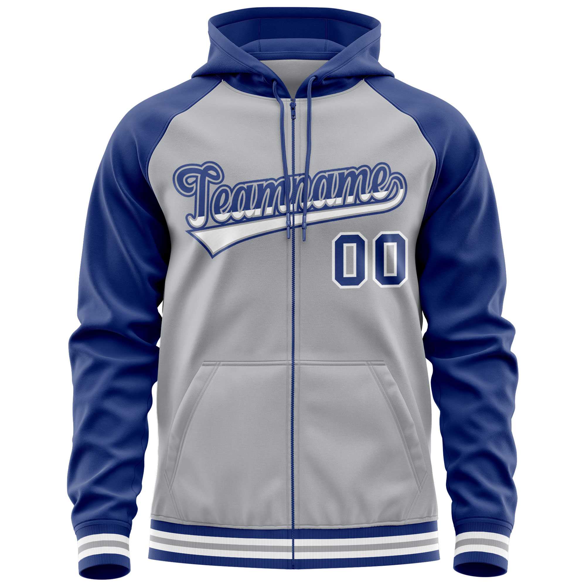 Custom Stitched Gray Royal Raglan Sleeves Sports Full-Zip Sweatshirt Hoodie