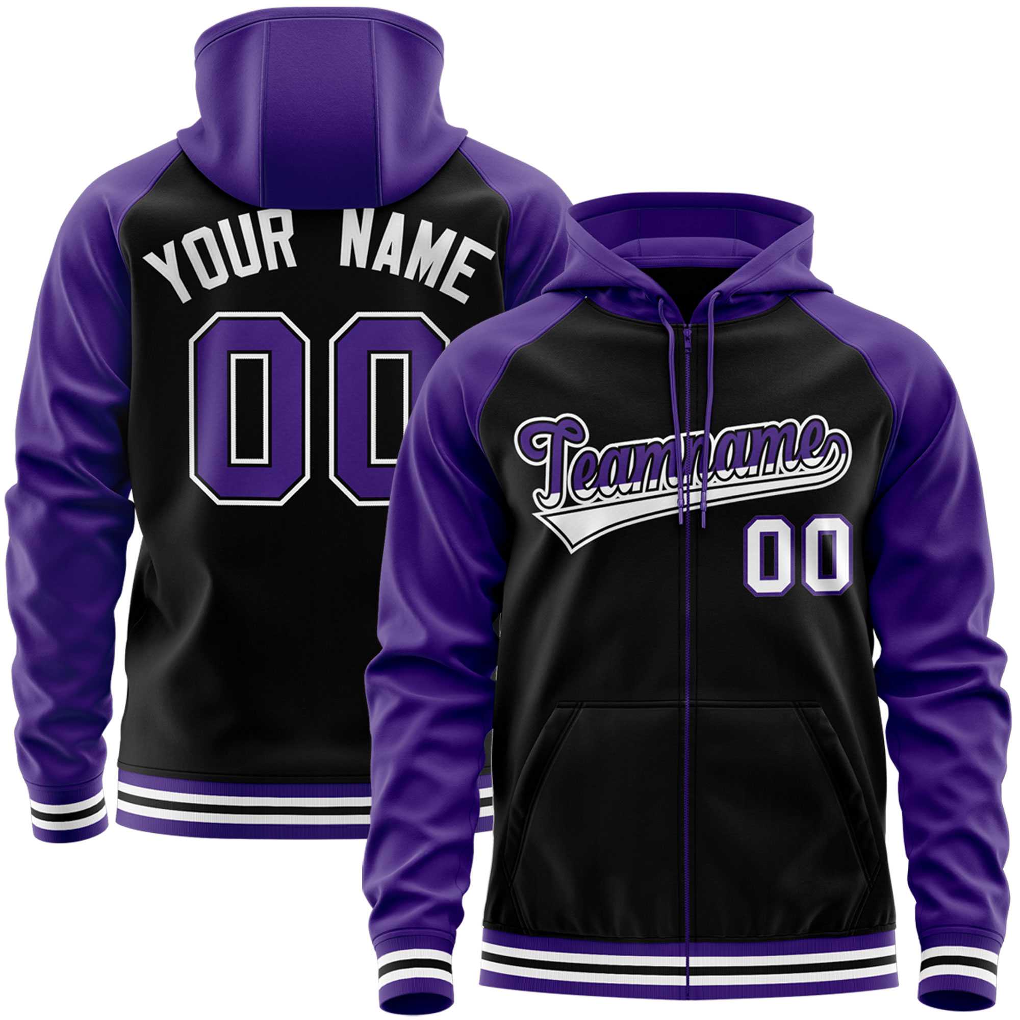 Custom Stitched Black Purple Raglan Sleeves Sports Full-Zip Sweatshirt Hoodie