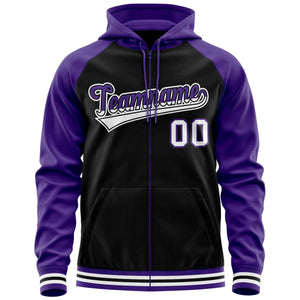 Custom Stitched Black Purple Raglan Sleeves Sports Full-Zip Sweatshirt Hoodie