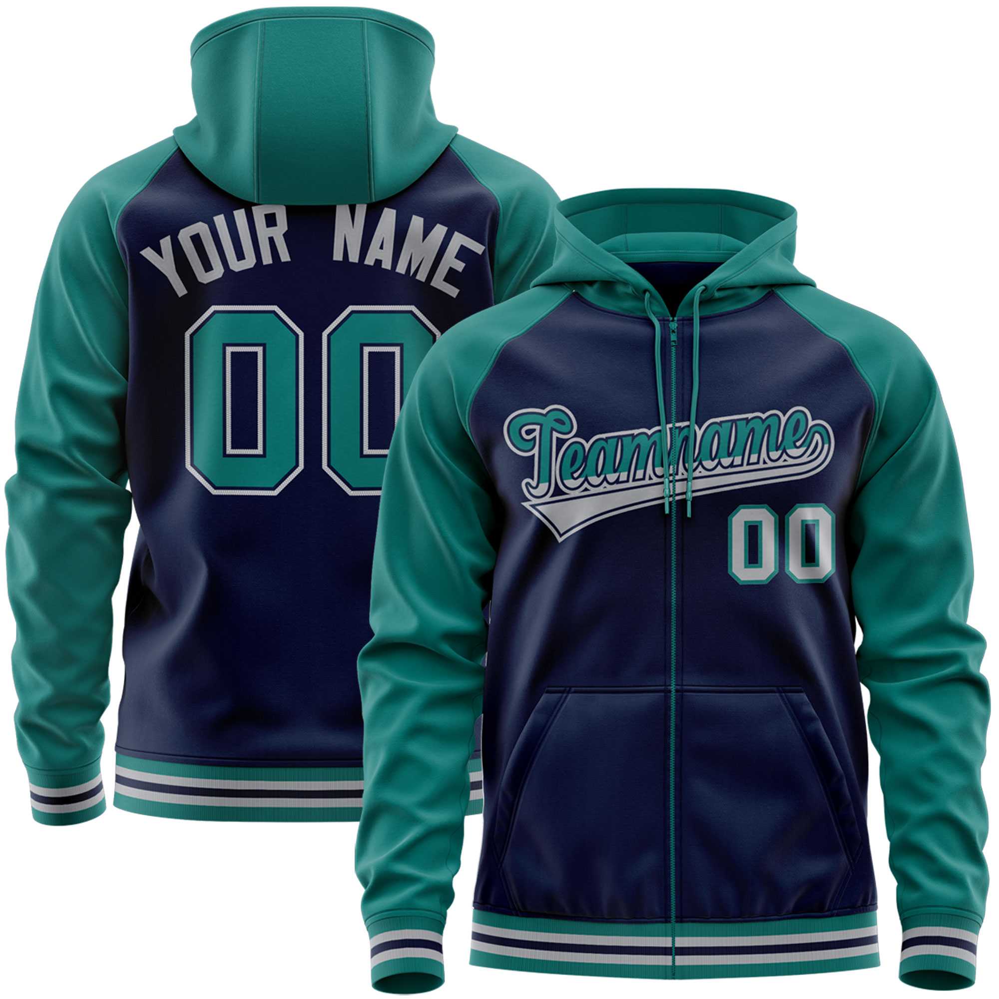 Custom Stitched Navy Aqua Raglan Sleeves Sports Full-Zip Sweatshirt Hoodie