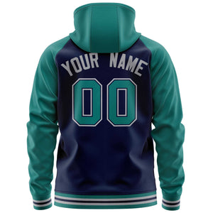 Custom Stitched Navy Aqua Raglan Sleeves Sports Full-Zip Sweatshirt Hoodie