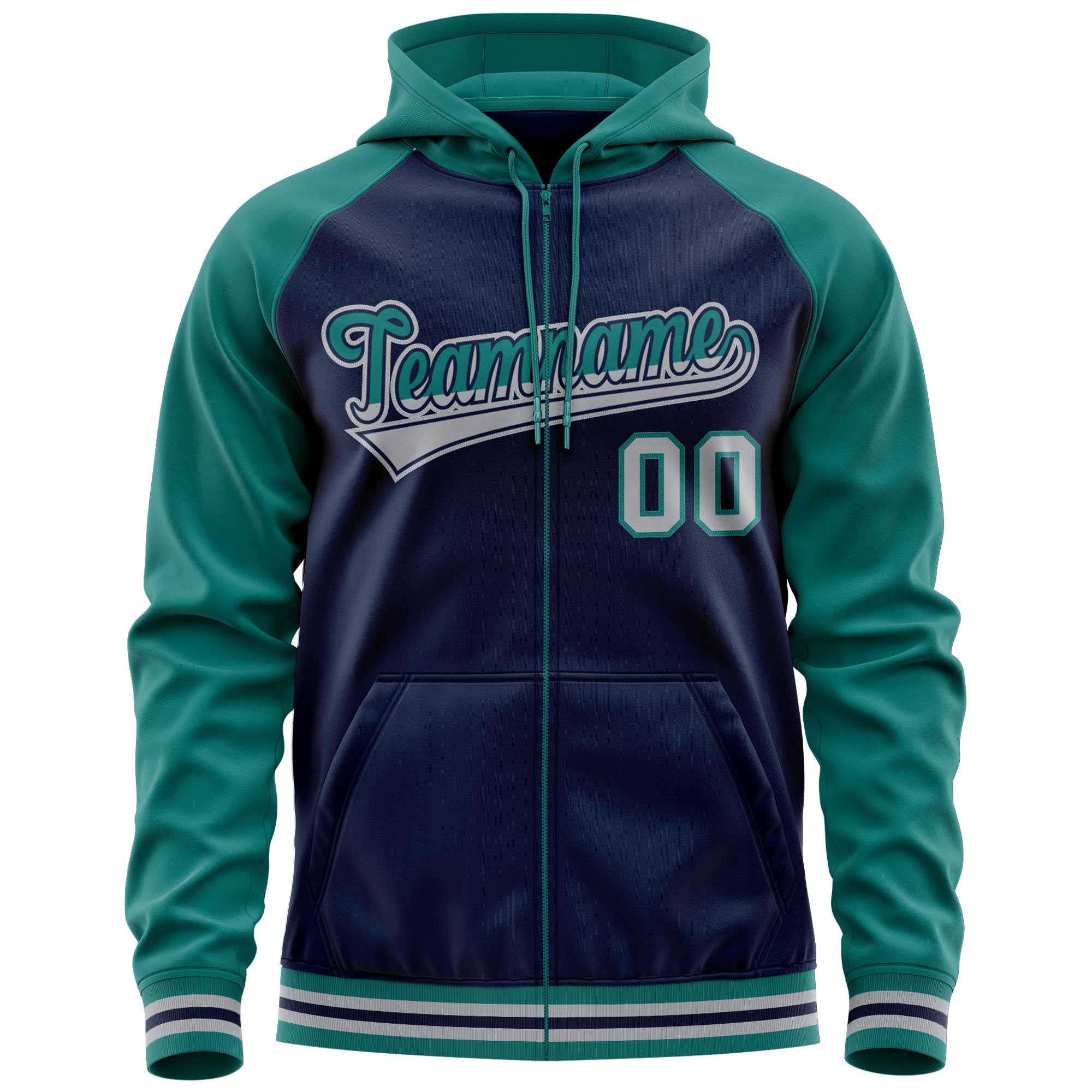 Custom Stitched Navy Aqua Raglan Sleeves Sports Full-Zip Sweatshirt Hoodie